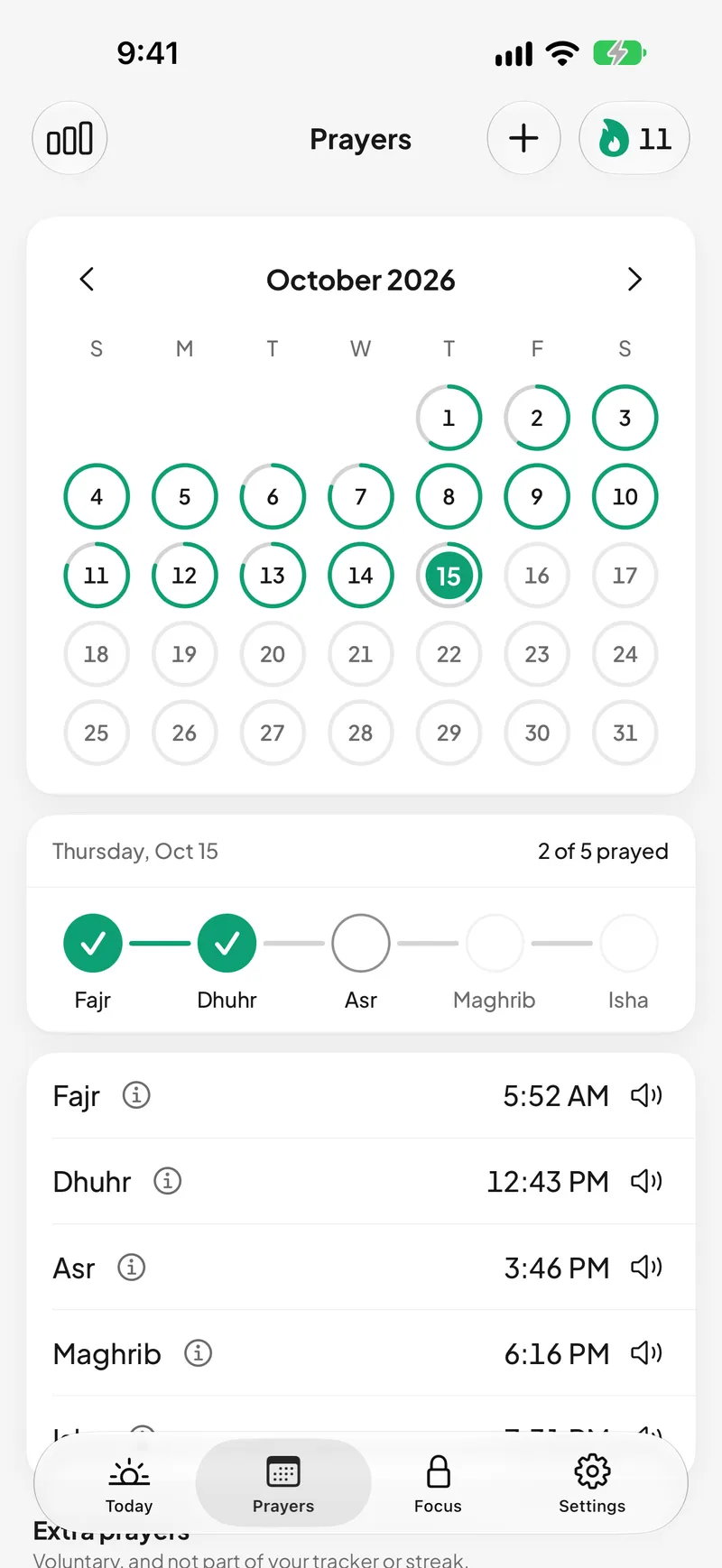 Prayers: a month of rings filling as prayers are marked, and the day's times with alerts